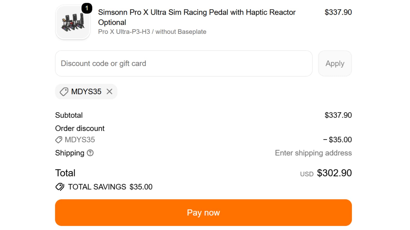 Simsonn Pro X Ultra Pedals checkout showing MDYS35 and a $302.90 total