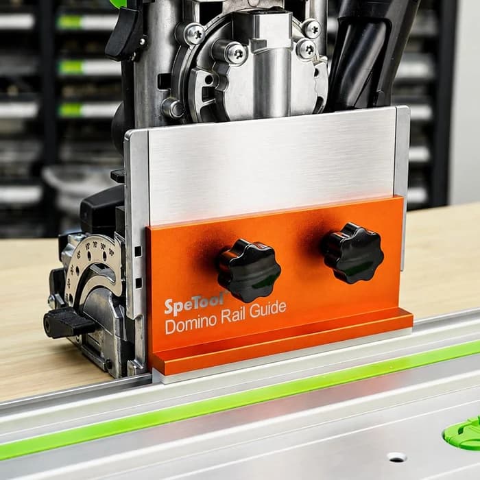 SpeTool S06002 Domino rail guide mounted on a woodworking track