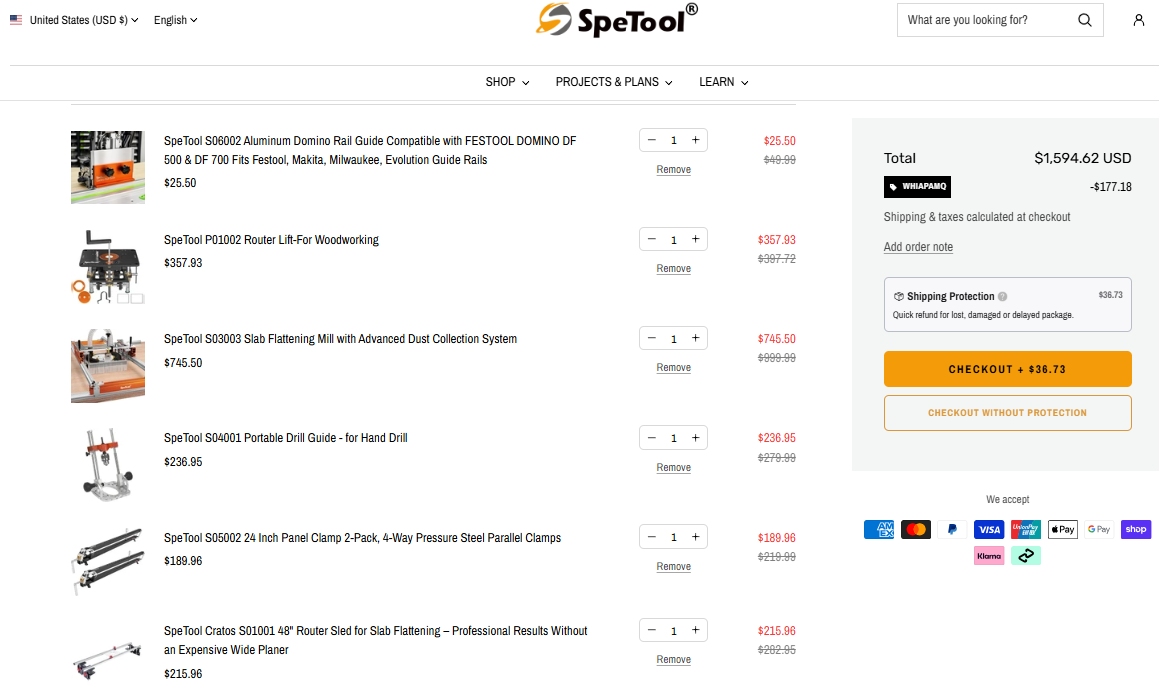 SpeTool cart showing coupon code WHIAPAMQ applied to six discounted woodworking products