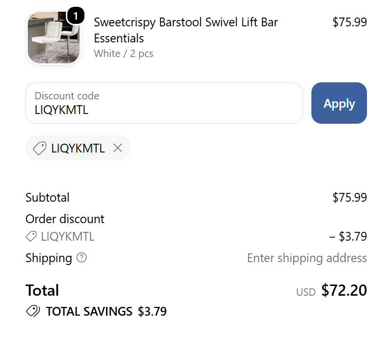 Sweetcrispy code LIQYKMTL saves 5% on a sale barstool