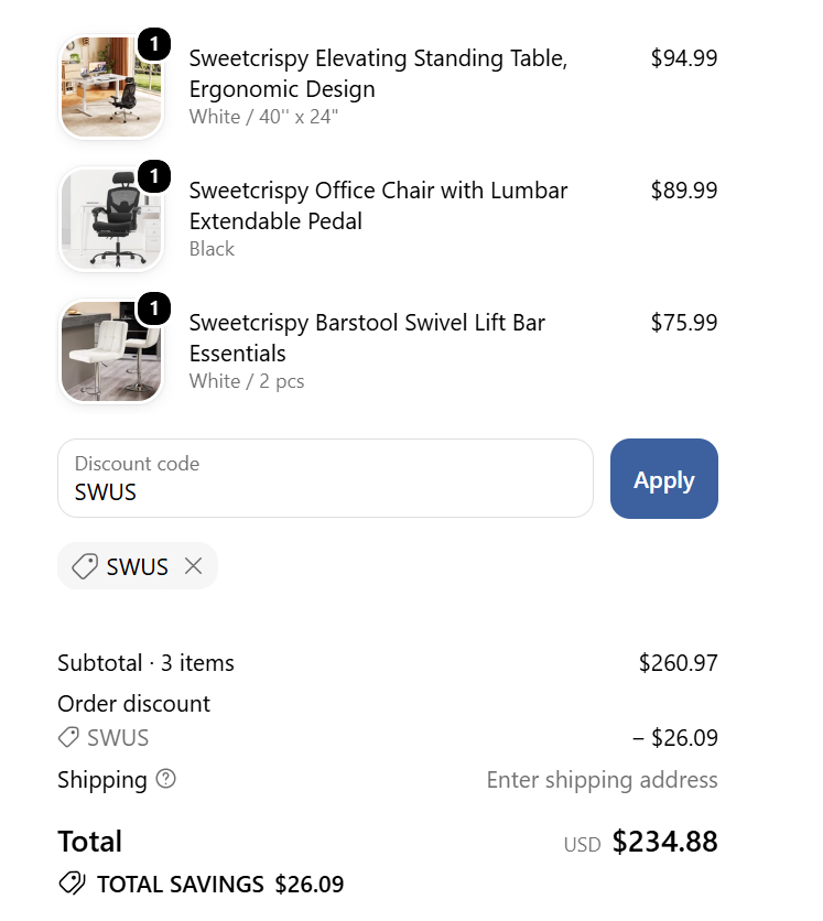 Sweetcrispy code SWUS saves 10% on three sale items