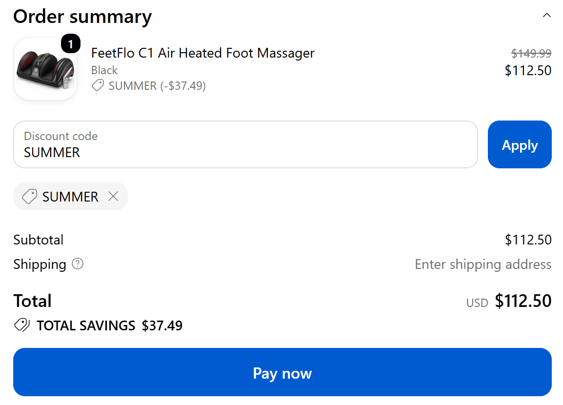 SUMMER code applying 25% off the Tisscare FeetFlo C1 Air Heated Foot Massager at checkout