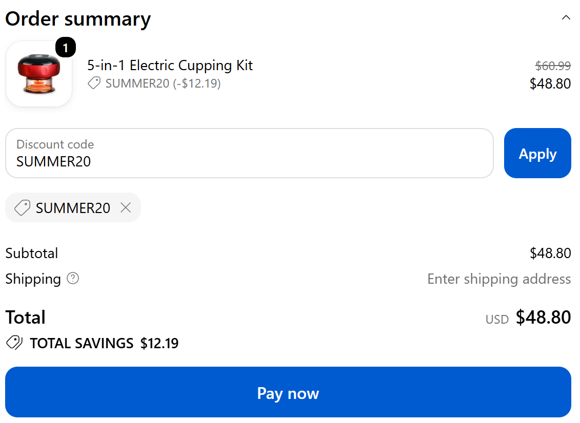 SUMMER20 code applying 20% off the Tisscare 5-in-1 Electric Cupping Kit at checkout