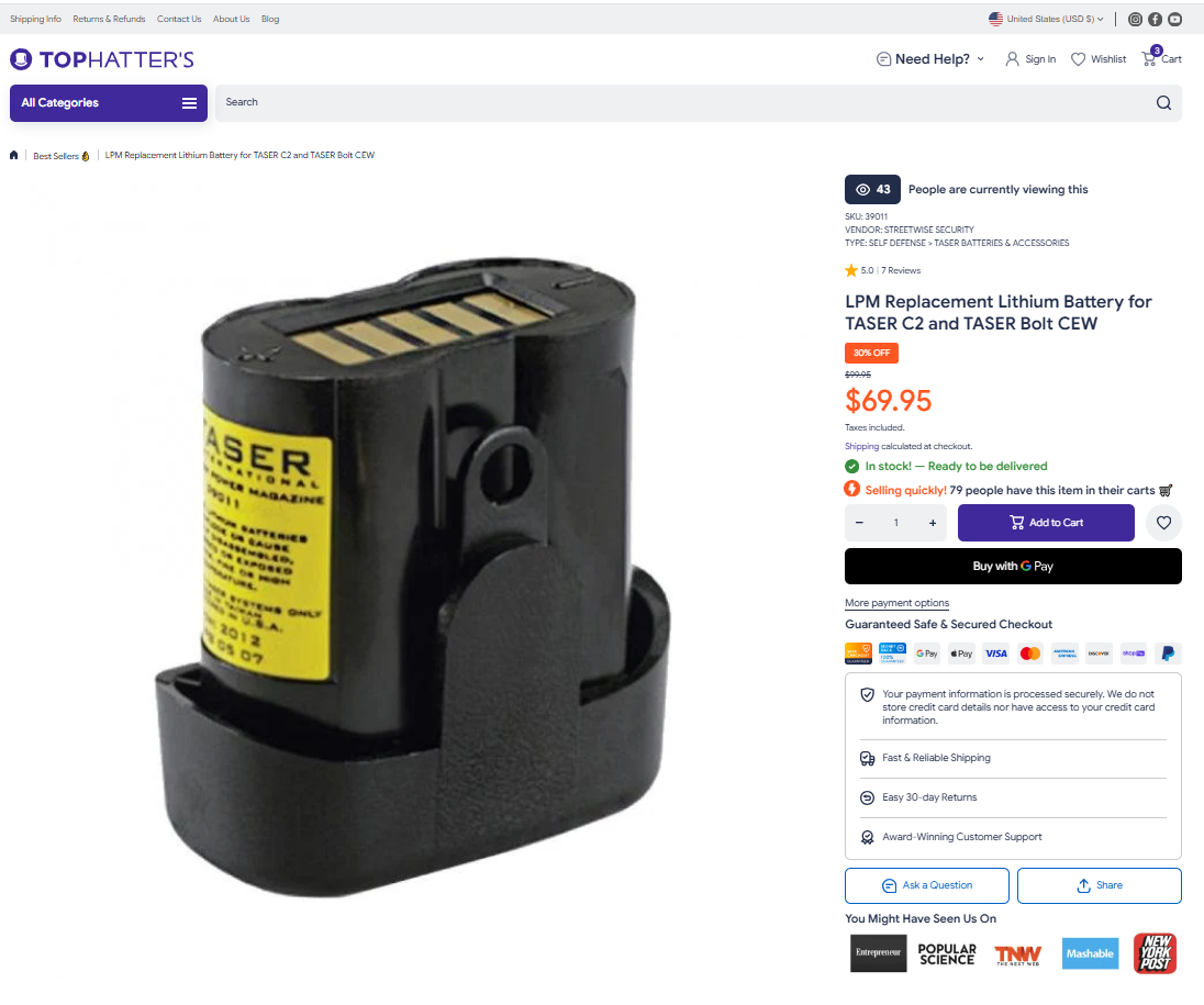 LPM Replacement Lithium Battery for TASER C2 and TASER Bolt CEW