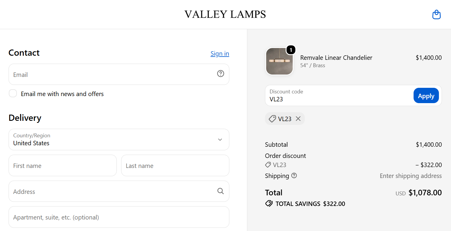 Valley Lamps coupon code VL23 23% off checkout proof