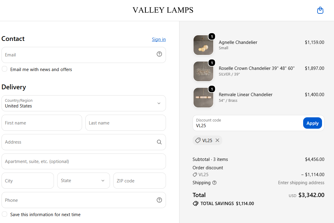 Valley Lamps coupon code VL25 extra 25% off over $3999 checkout proof
