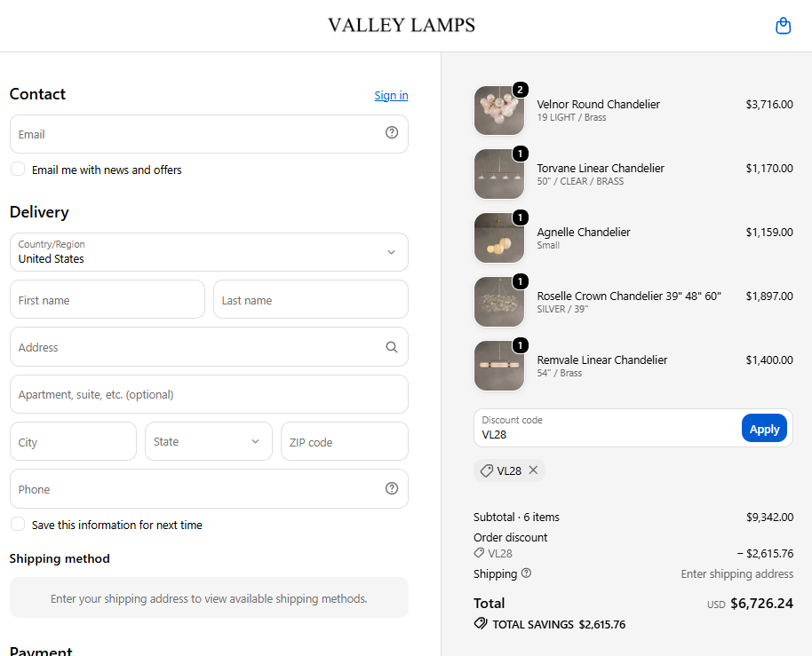 Valley Lamps promo code VL28 28% off orders over $7999 checkout proof