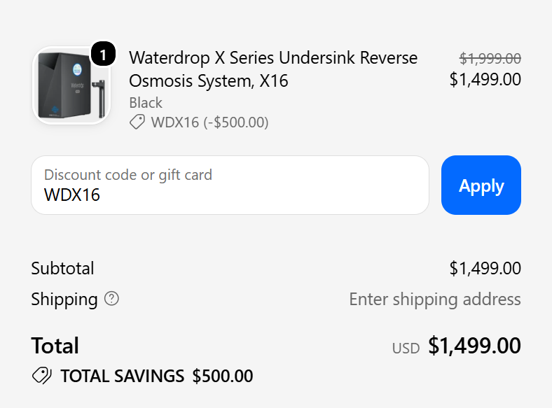  -$500 via code: WDX16 - Waterdrop X Series Undersink Reverse Osmosis System, X16.png