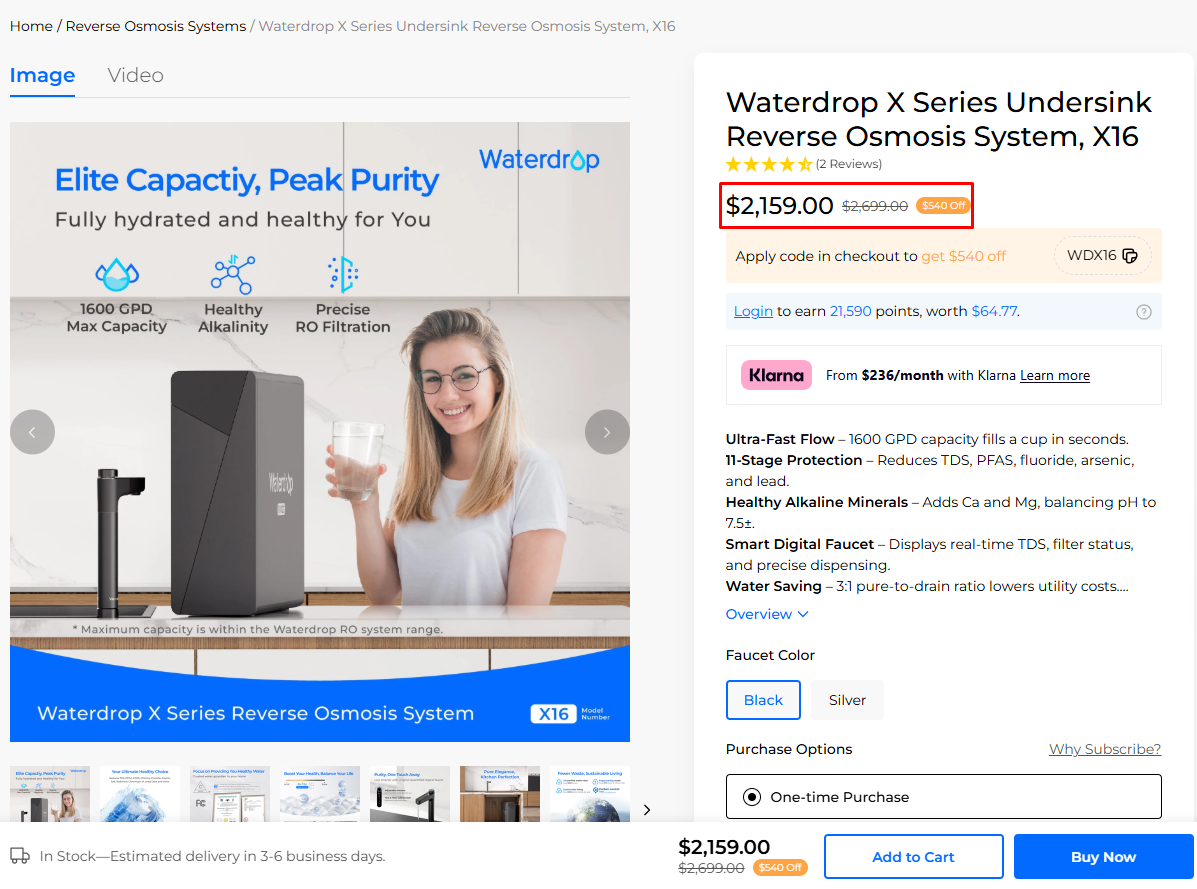 Waterdrop X Series Undersink Reverse Osmosis System, X16