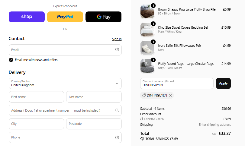 DINHNGUYEN 10 percent coupon checkout proof