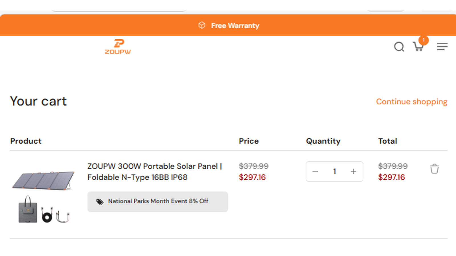ZOUPW 300W Foldable Solar Panel cart proof showing National Parks Month Event 8% Off