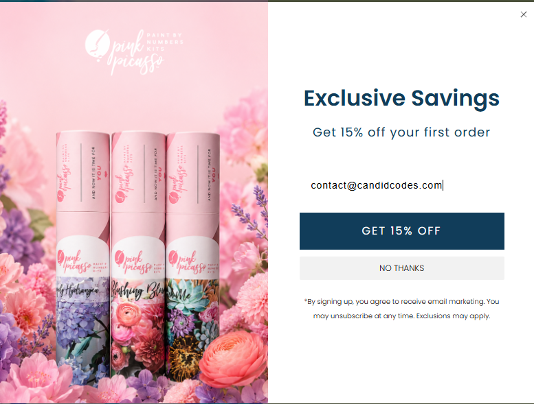 Pink Picasso Kits email signup popup offering 15% off a first order