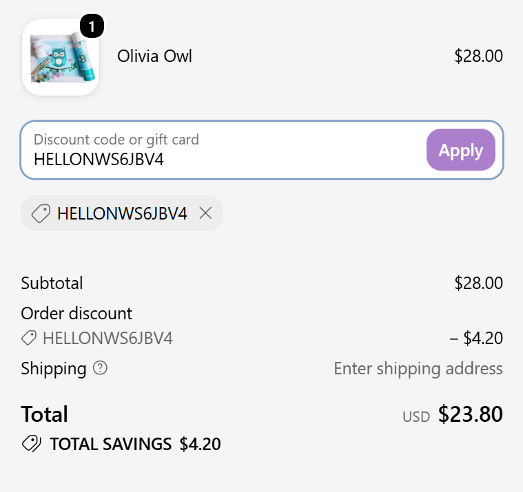 Unique Pink Picasso Kits email code applied for 15% off Olivia Owl at checkout