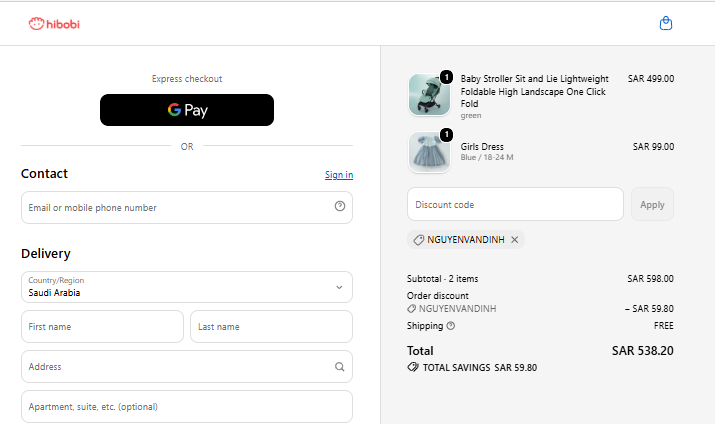 NGUYENVANDINH Hibobi checkout proof showing 10 percent off