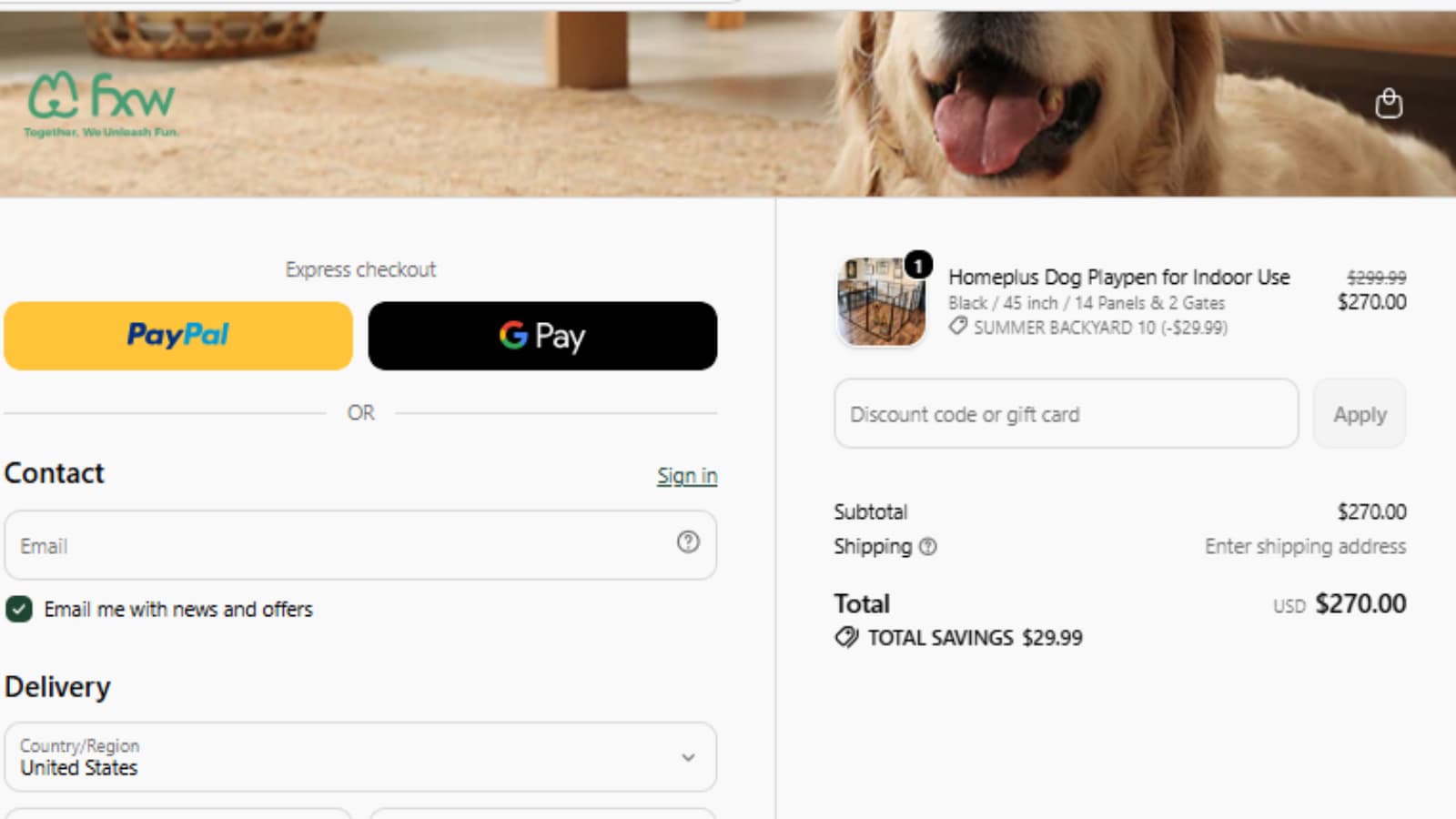 FXW Homeplus automatic Summer Backyard discount checkout proof showing $270 total