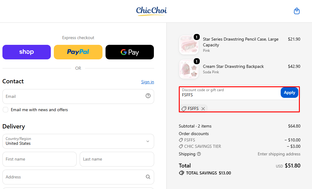 ChicChoi coupon code FSFFS 10 dollars off first order over 59 checkout proof