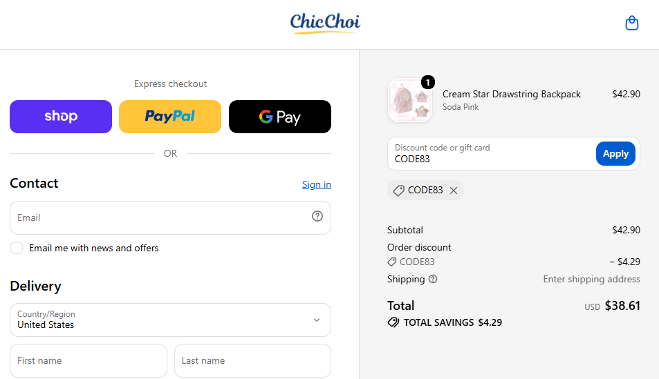 ChicChoi discount code CODE83 10 percent off drawstring backpack checkout proof