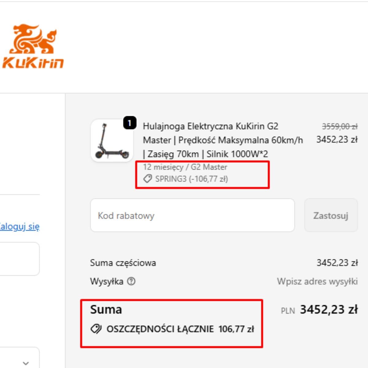SPRING3 coupon code applied at KuKirin checkout with 106.77 PLN discount