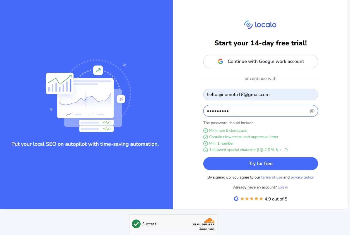 Localo 14-day free trial signup screen