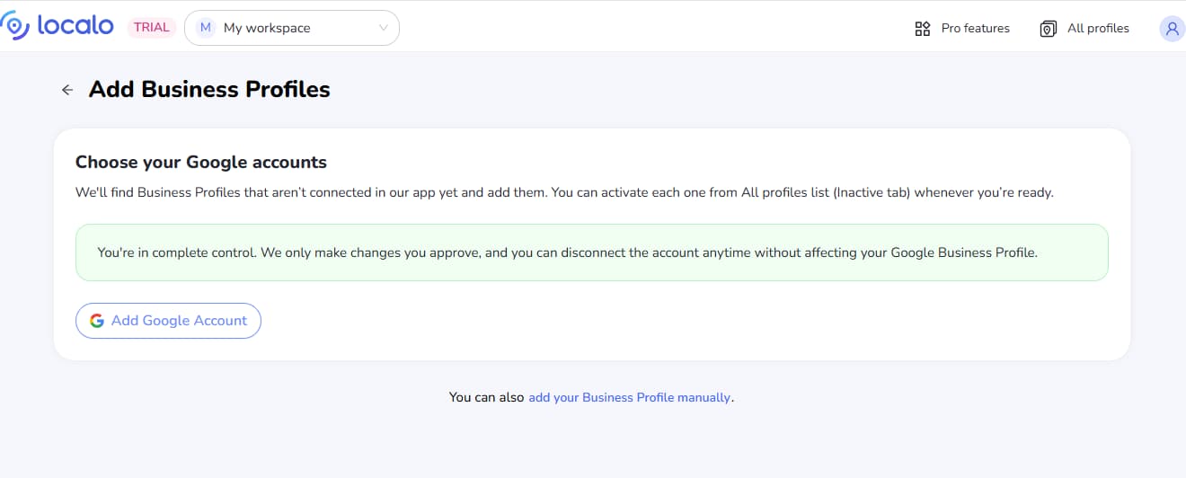 Localo add Google Business Profiles dashboard