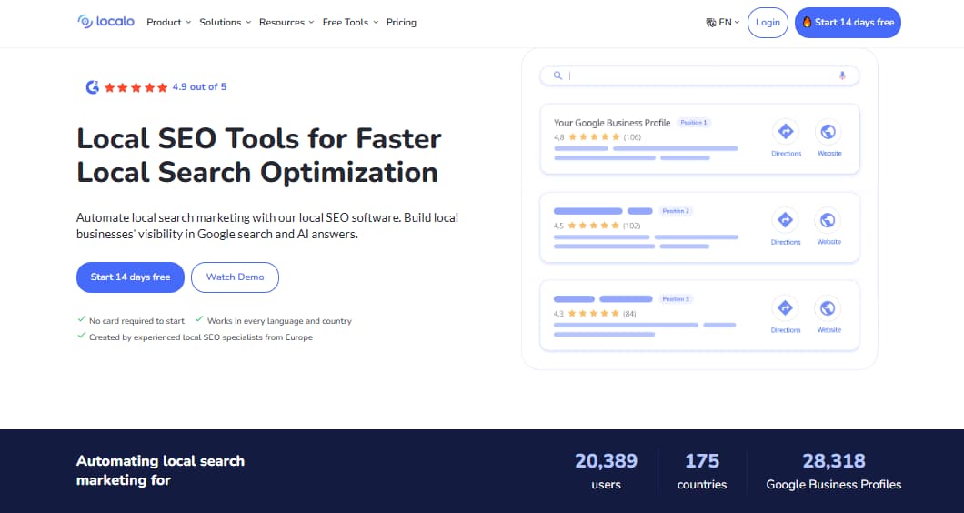 Localo homepage showing local SEO tools and 14-day free trial
