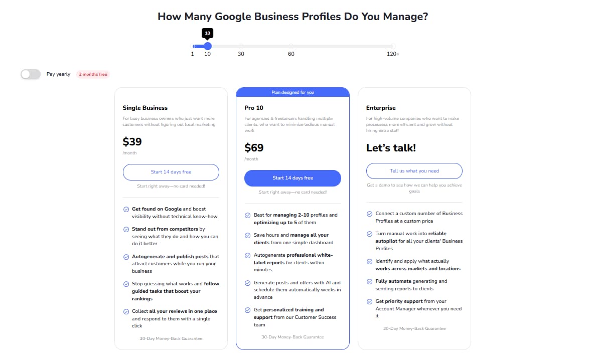Localo pricing page showing Single Business Pro 10 Enterprise and 14-day free trial