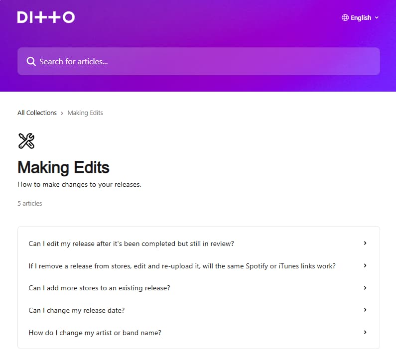 Ditto Music Making Edits support page showing help for release edits, re-uploading, adding stores, changing release dates, and changing artist names