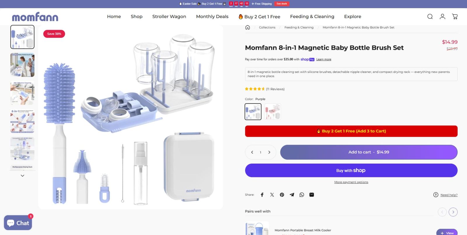 Product page view of the Momfann 8-in-1 Magnetic Baby Bottle Brush Set, showing the full bottle-cleaning kit with multiple brush heads, drying rack, storage case, pricing, and a visible Buy 2 Get 1 Free offer.