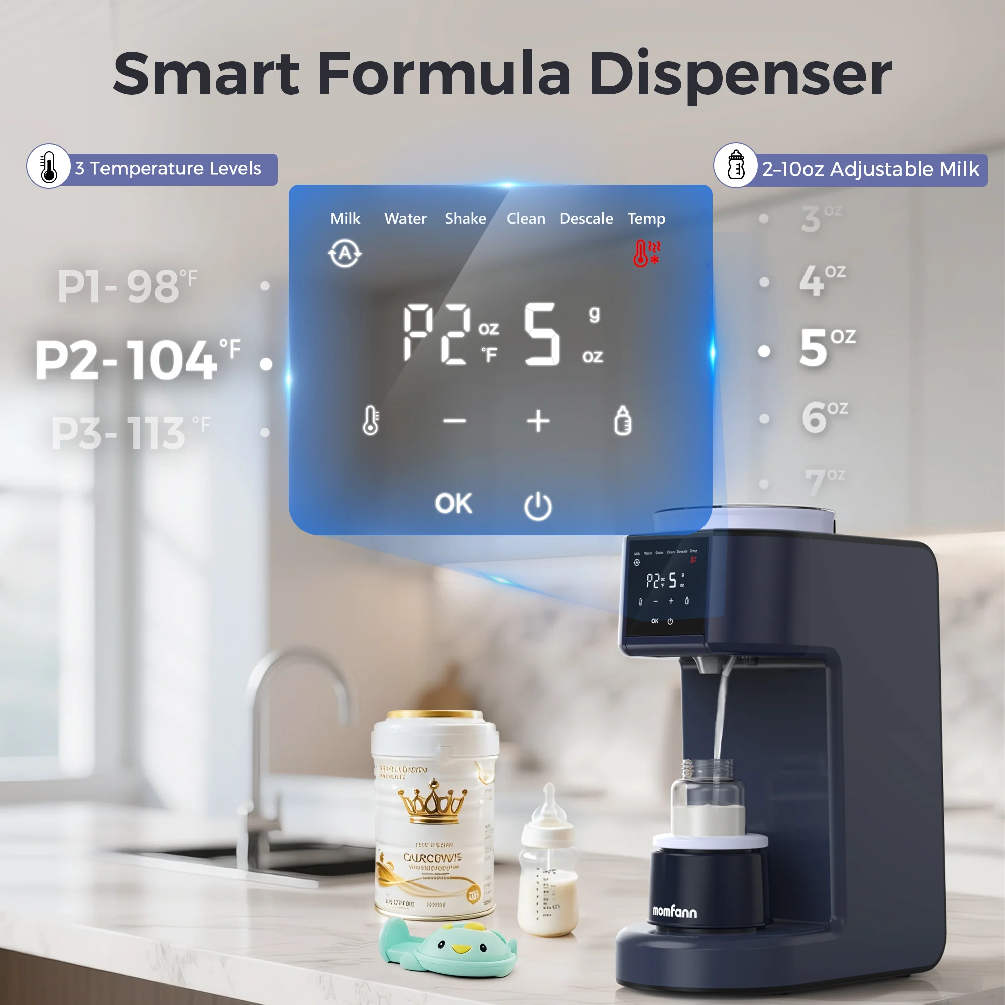 Woman using the Momfann Baby Formula Maker with visible temperature presets and adjustable bottle-size settings in a home kitchen