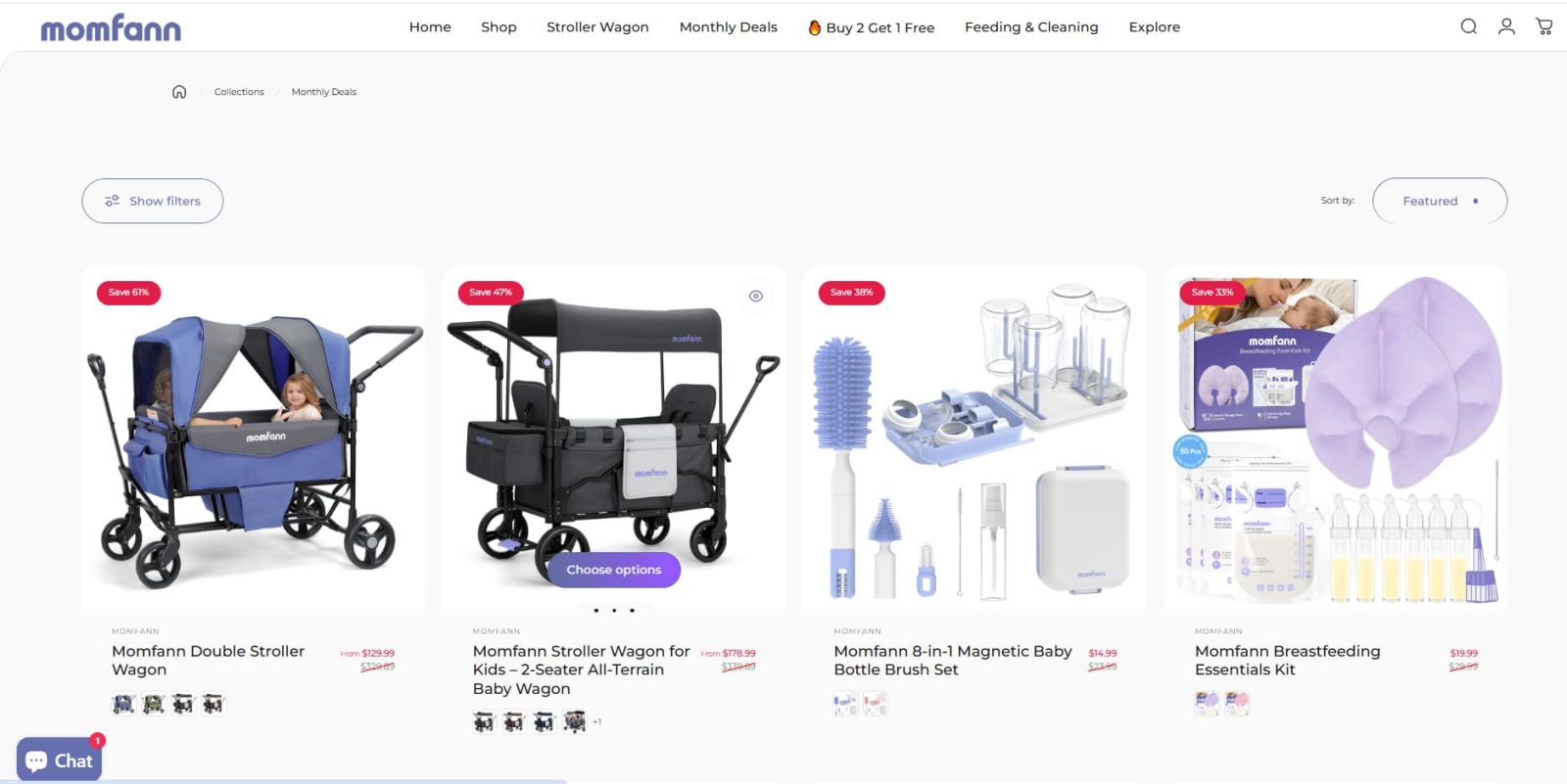 Monthly Deals collection page on Momfann showing multiple product routes, including stroller wagons, a bottle brush set, and a breastfeeding essentials kit, helping shoppers compare where to start first.