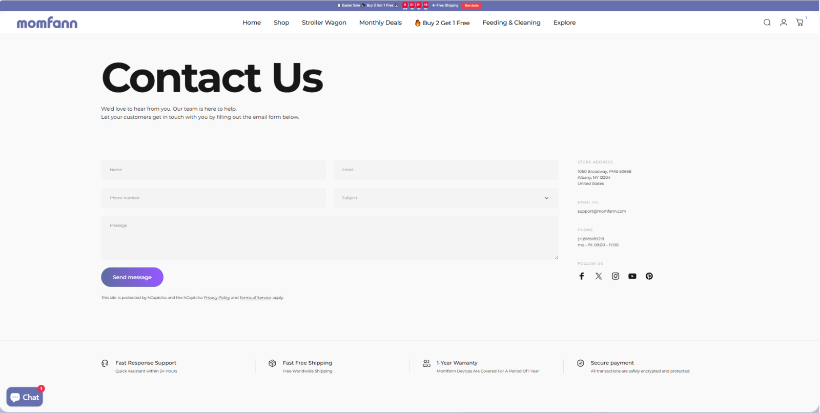 A real ecommerce contact page showing support email, address, phone number, and trust indicators like shipping, warranty, and secure payment.