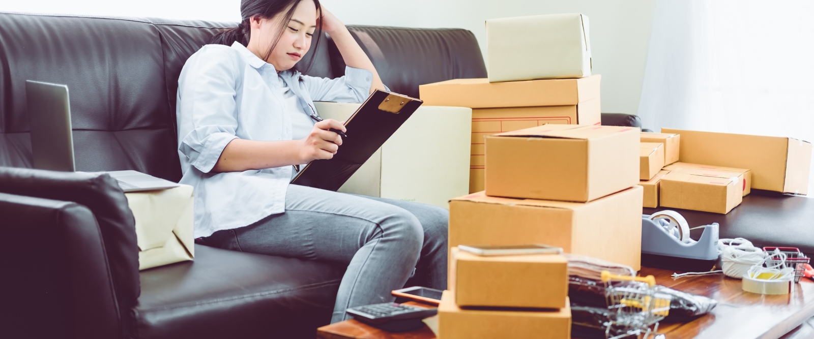 A shopper surrounded by multiple packages feeling overwhelmed while reviewing purchases on a laptop, representing too many choices in online shopping