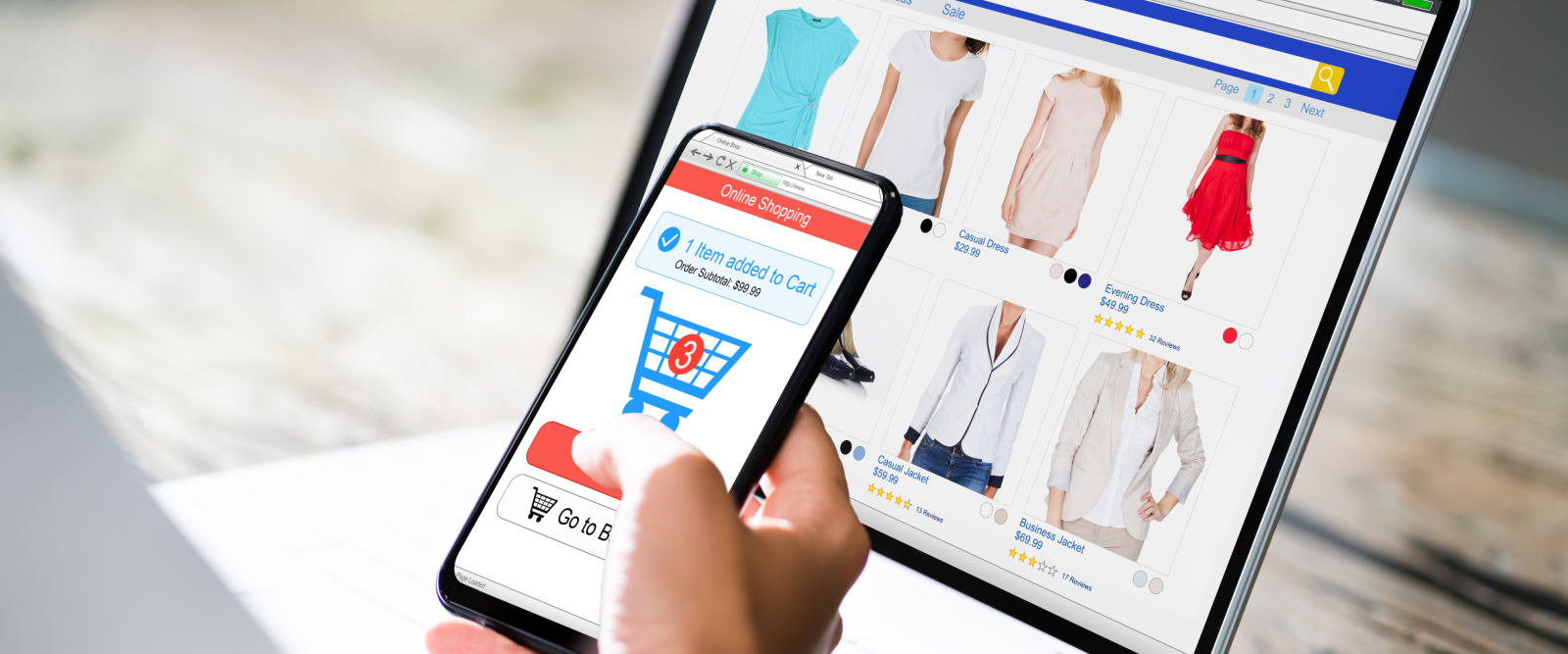 An online shopping interface displaying product listings, prices, ratings, and a cart with an item added, representing the final purchase decision stage.