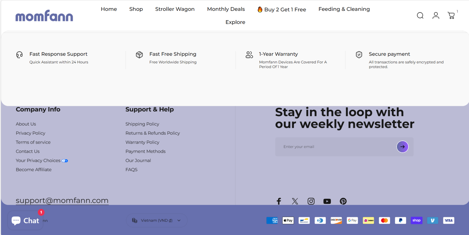 An ecommerce website footer displaying customer support, shipping, warranty, secure payment, and policy links, indicating strong trust and reliability.