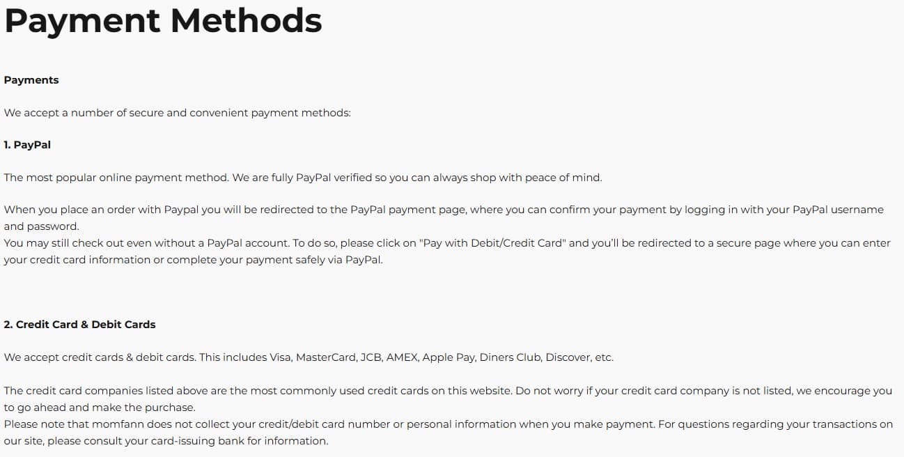 Momfann Payment Methods page showing PayPal, credit and debit cards, and checkout security details