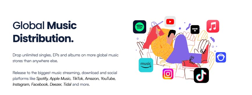Ditto Music global music distribution section showing major streaming and social platforms for independent artists
