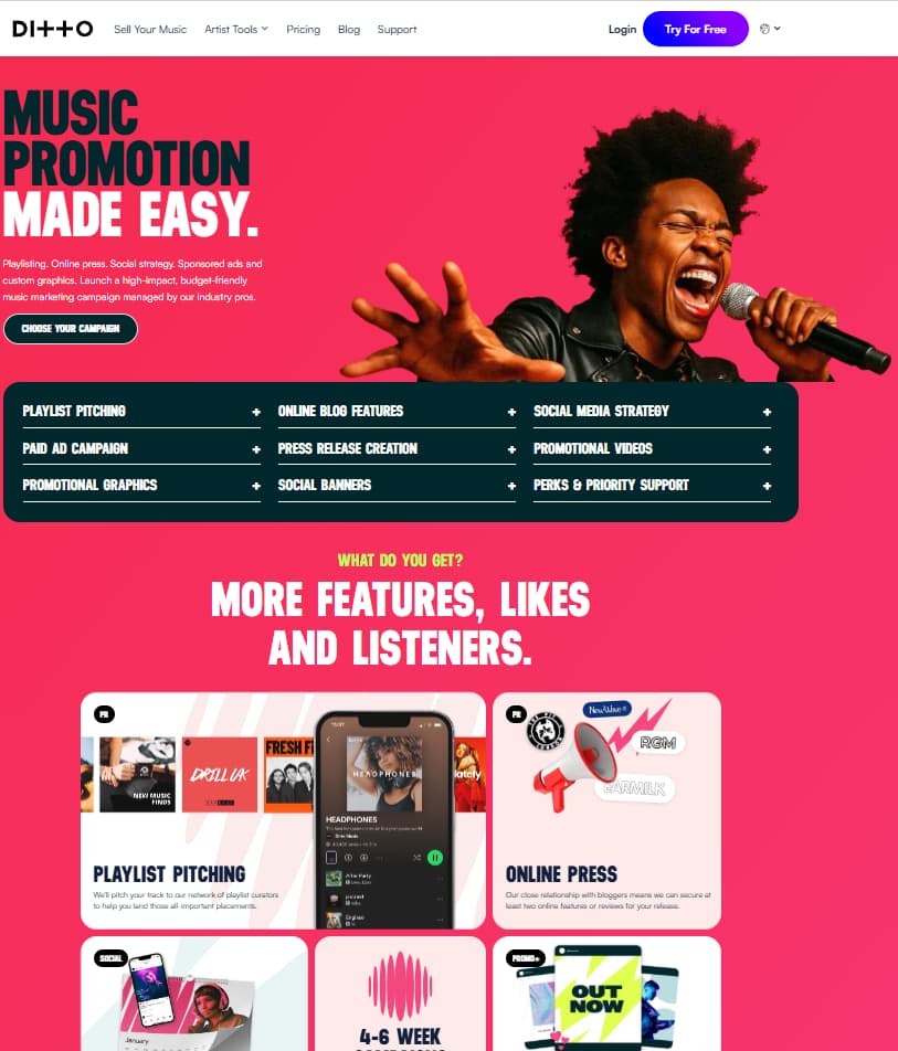 Ditto Music promotion page showing playlist pitching, online press, social strategy, paid ads, and campaign tools for independent artists