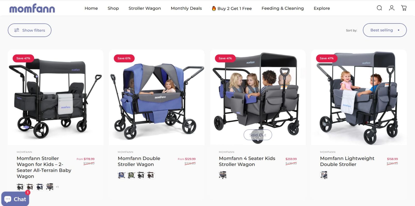 Momfann stroller wagon collection page showing 2-seater, double stroller wagon, 4-seater, and lightweight double stroller routes
