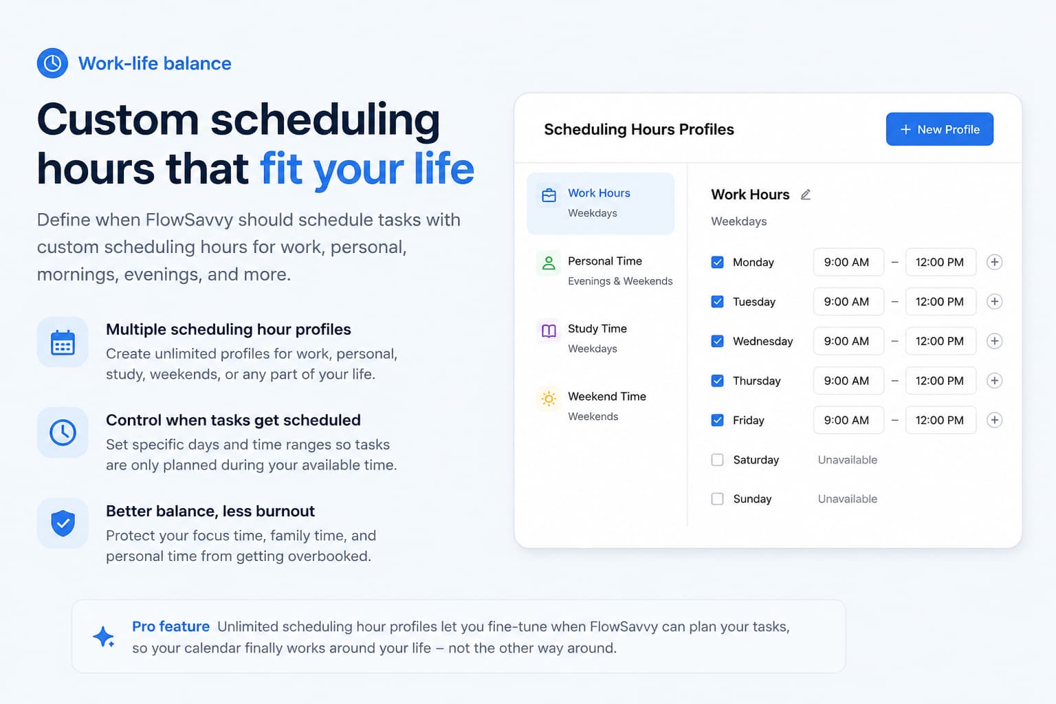 FlowSavvy scheduling hours profiles for work personal and custom calendar planning