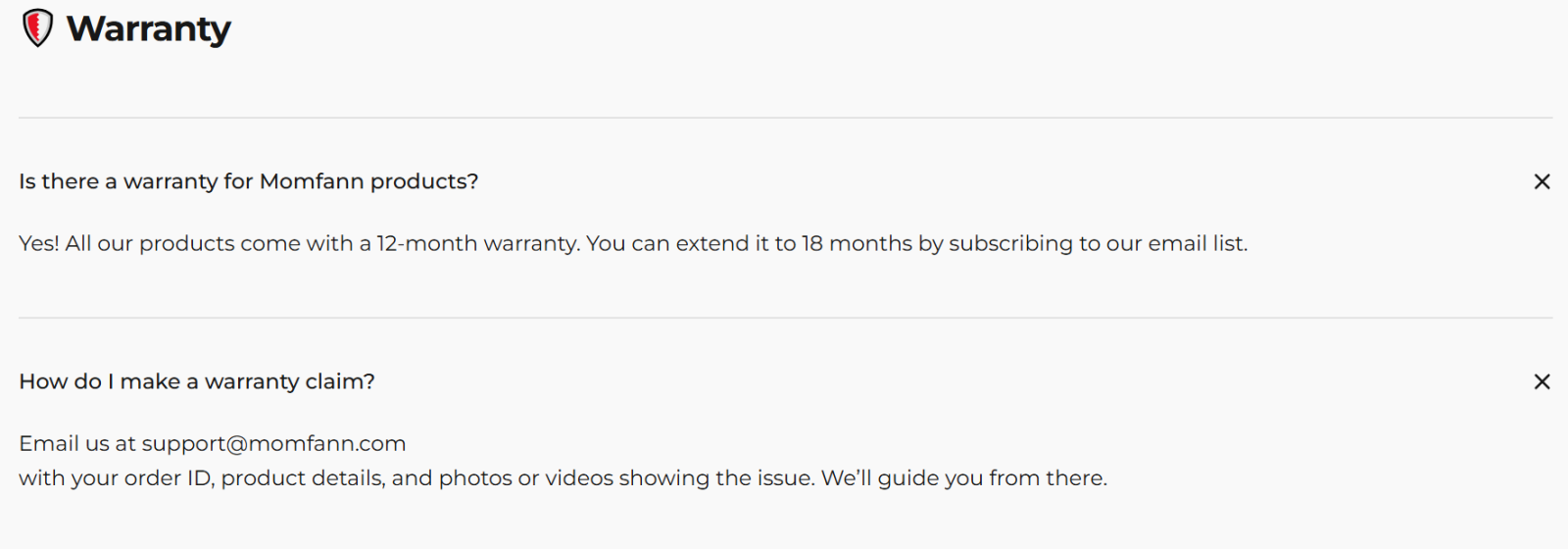 Momfann warranty FAQ showing a 12-month warranty, 18-month extension, and support email for warranty claims