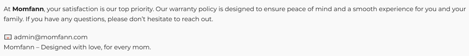 Momfann warranty policy contact section showing admin email for warranty-related questions