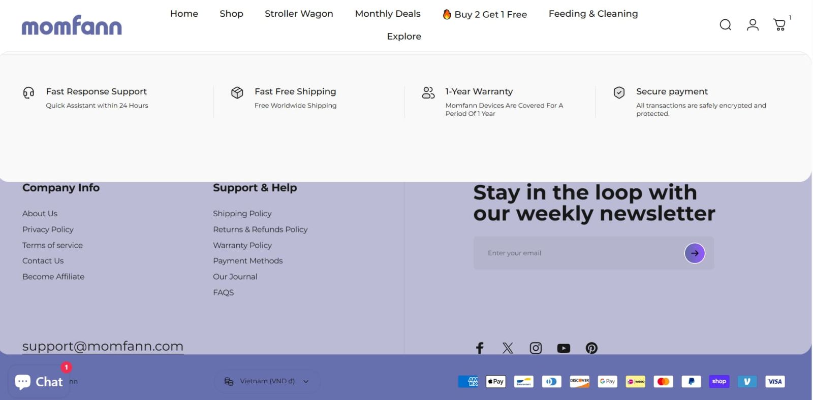Momfann footer showing support links, shipping policy, warranty, payment methods, and trust badges
