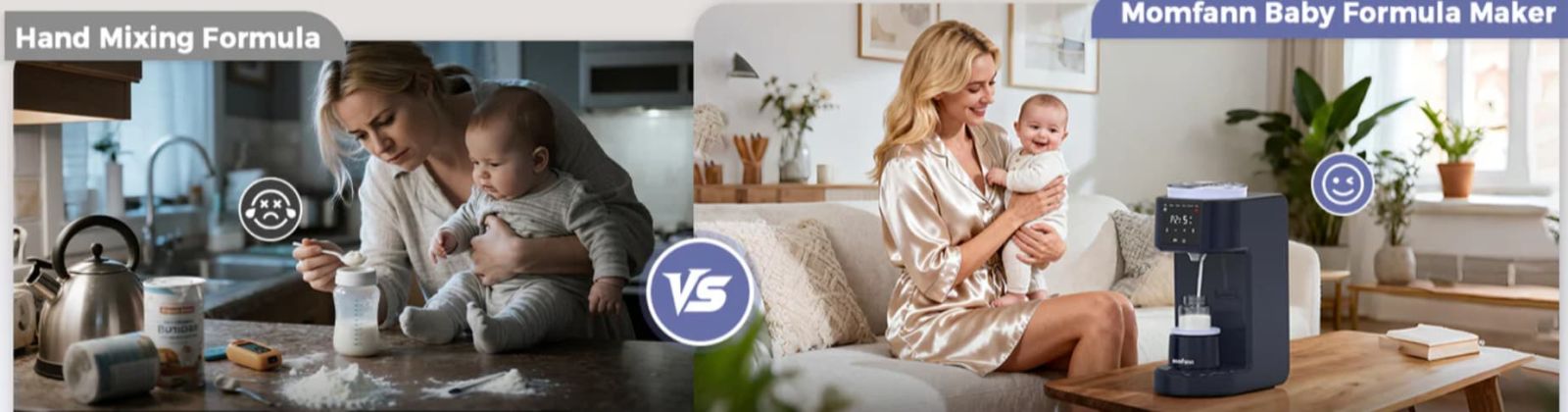 Comparison between hand-mixing baby formula and using the Momfann Baby Formula Maker for an easier daily bottle-prep routine