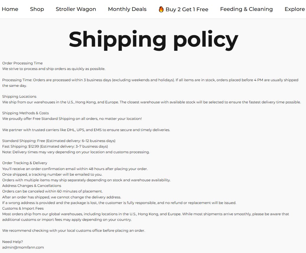 Momfann shipping policy page showing processing time, shipping methods, delivery estimates, and cancellation details