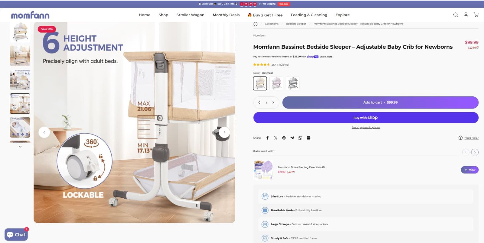 Momfann bedside sleeper with 6-height adjustment for newborn night setup