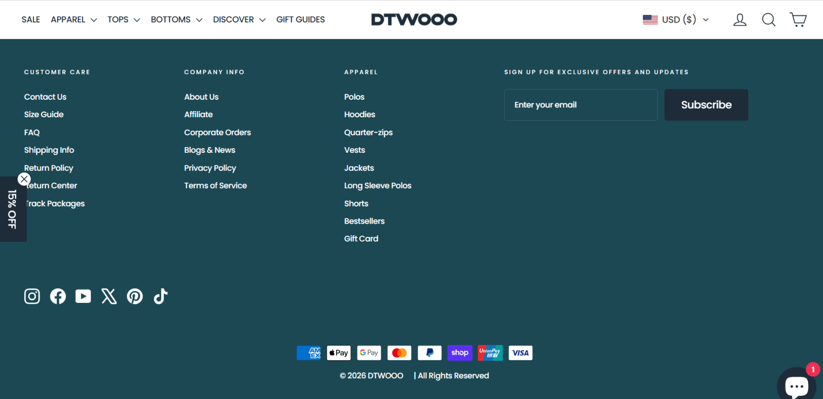 DTWOOO website footer showing customer care links, company information, apparel categories, policy links, social media icons, and payment methods
