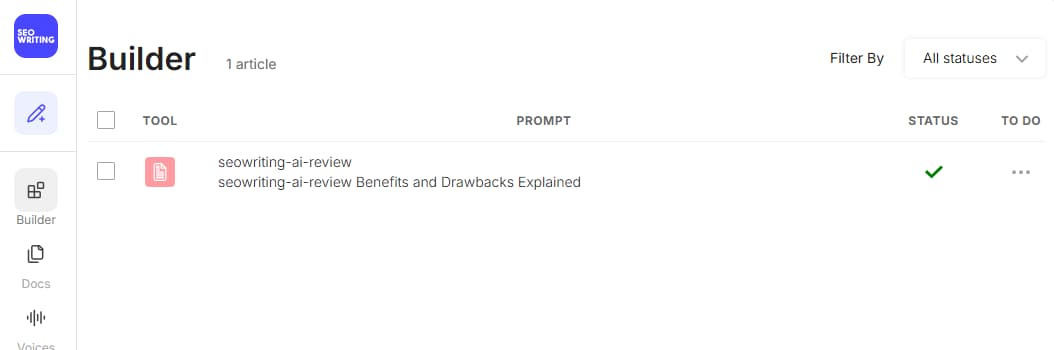 SEOWriting.ai Builder screen showing article generation progress for a test review article