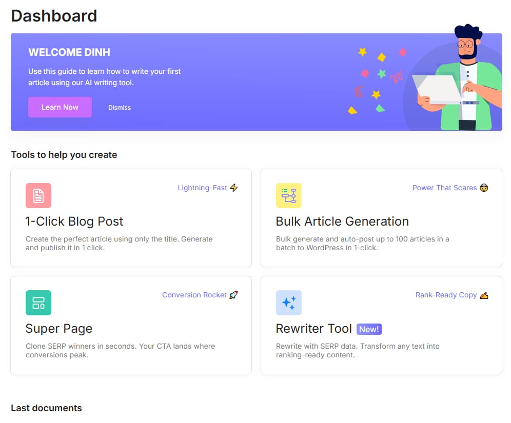 SEOWriting.ai dashboard showing 1-click blog post, bulk article generation, Super Page and rewriter tools