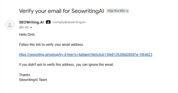 SEOWriting.ai email verification message with private details blurred