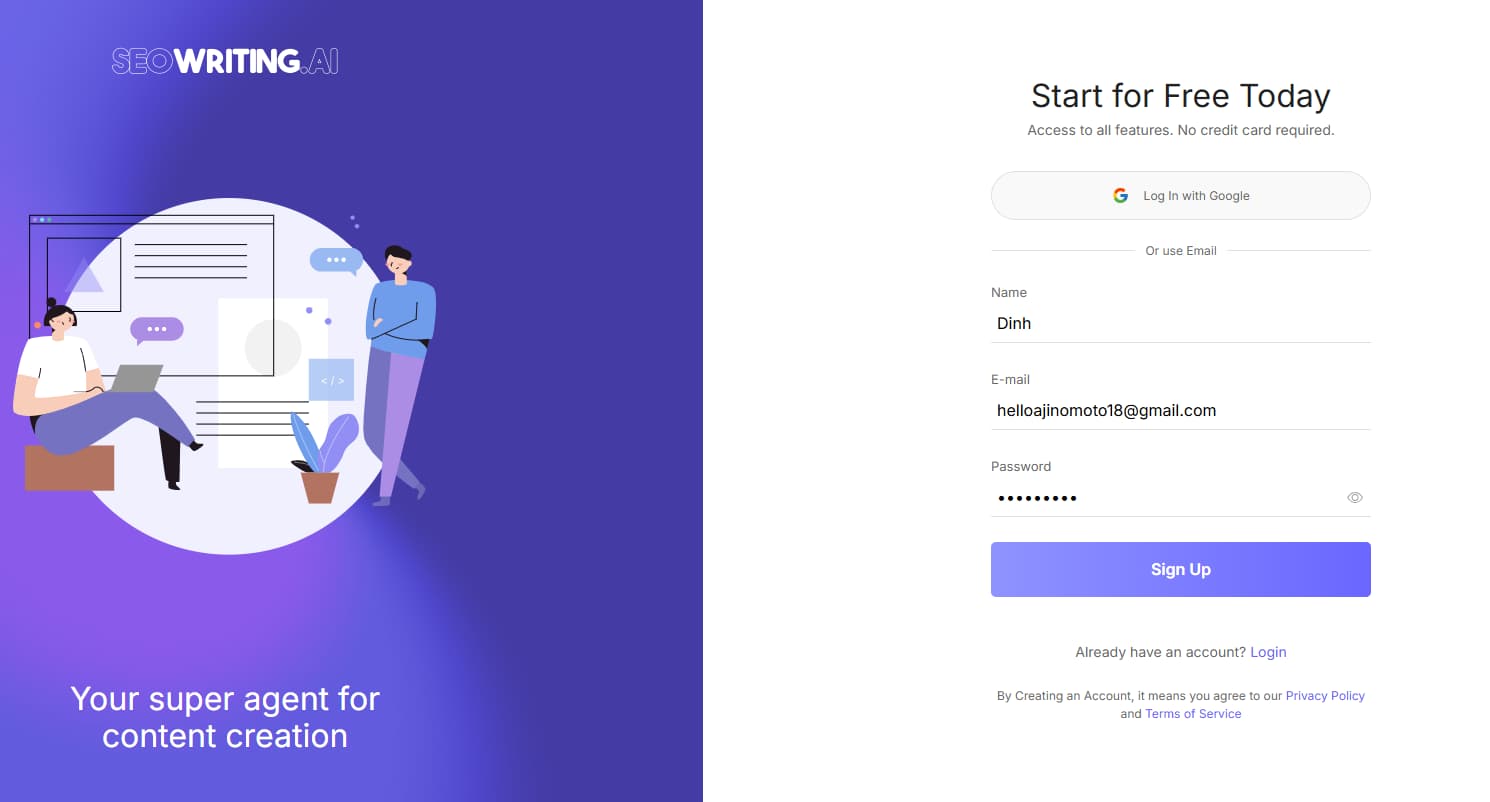 SEOWriting.ai free signup screen with Google and email registration options